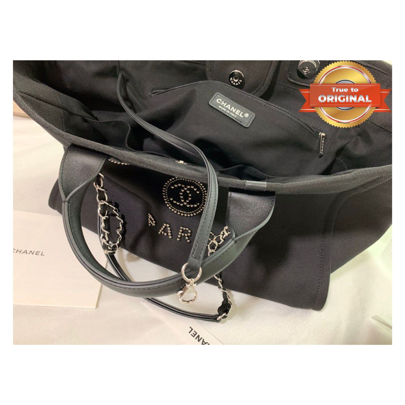 [True-to-ORIGINAL] Chanel Large Deauville Pearl Tote Bag Black For Women 15in/38cm